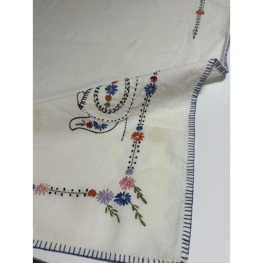 Vintage Square Tablecloth Handmade Embroidered Blue Teapot Tea Cottage 34
